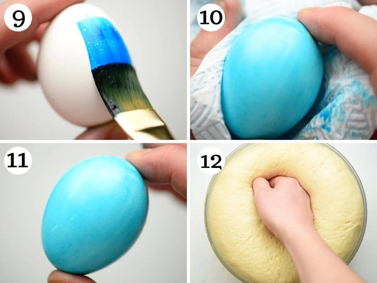 Step by step photos showing how to paint eggs with food colouring