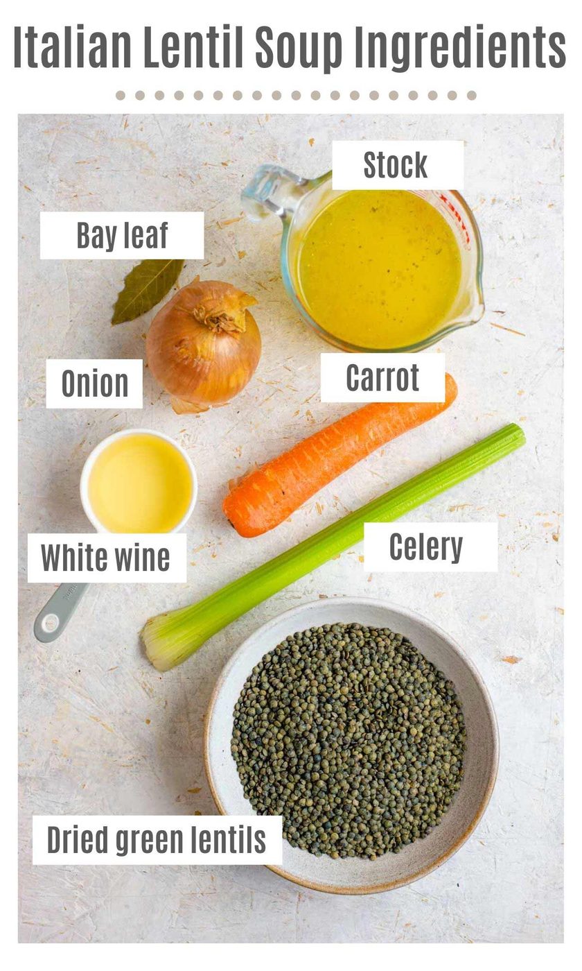 An overhead shot of all the ingredients you need to make Italian lentil soup