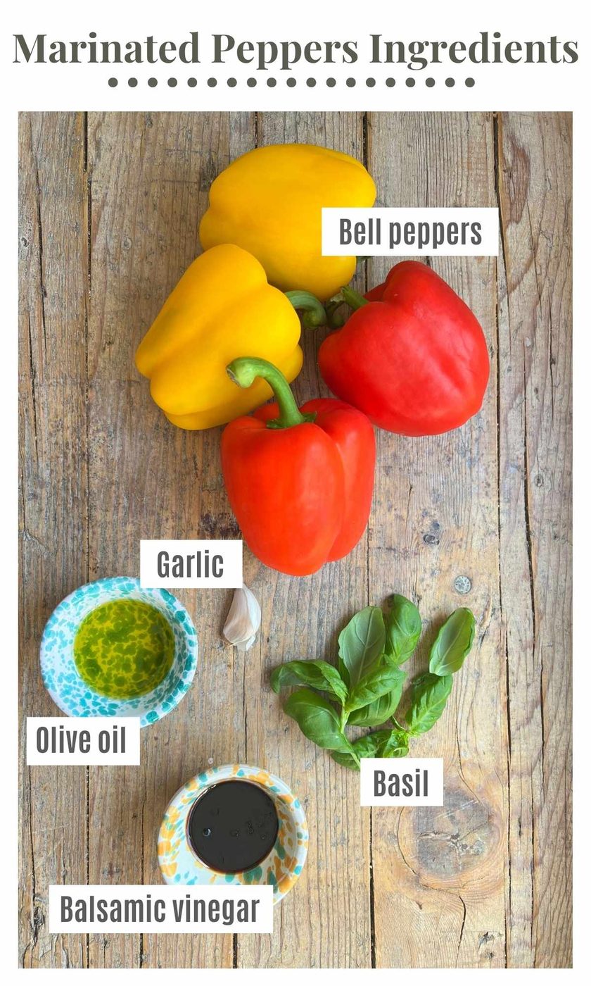 An overhead shot of all the ingredients needed to make marinated roasted bell peppers.