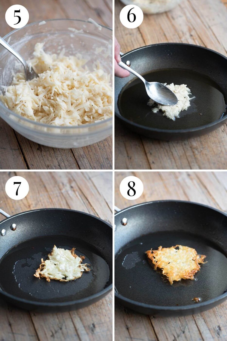 Four photos in a collage showing how to fry potato fritters.