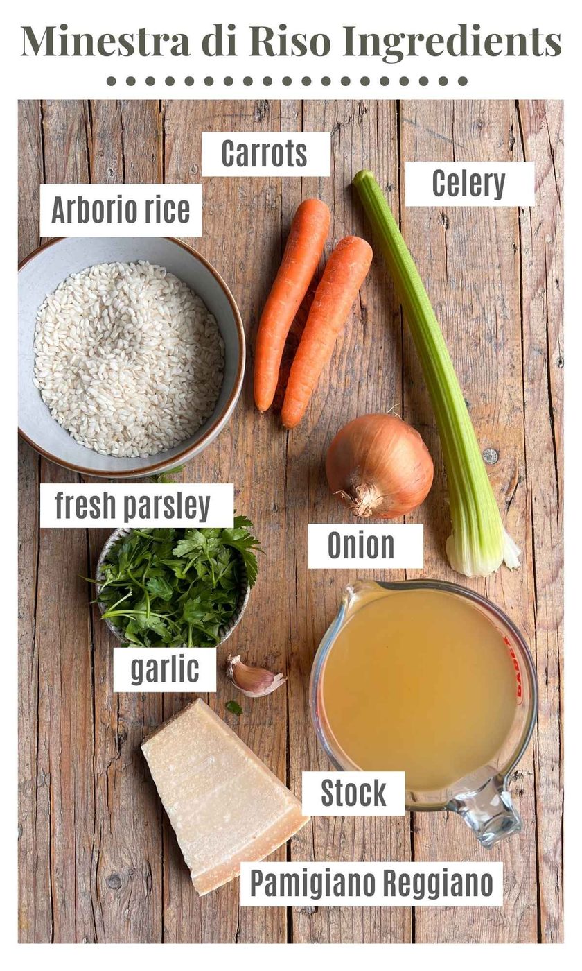 An overhead shot of all the ingredients needed to make a simple Italian rice soup.