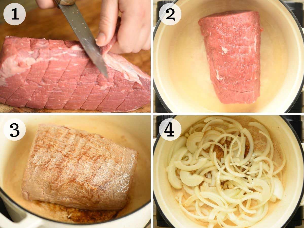 Step by step photos showing how to brown Italian roast beef