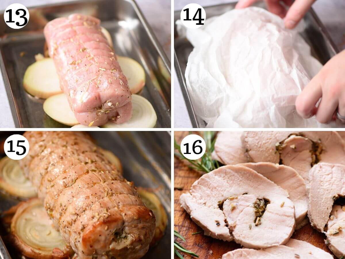Four photos in a collage showing how to roast a pork loin.