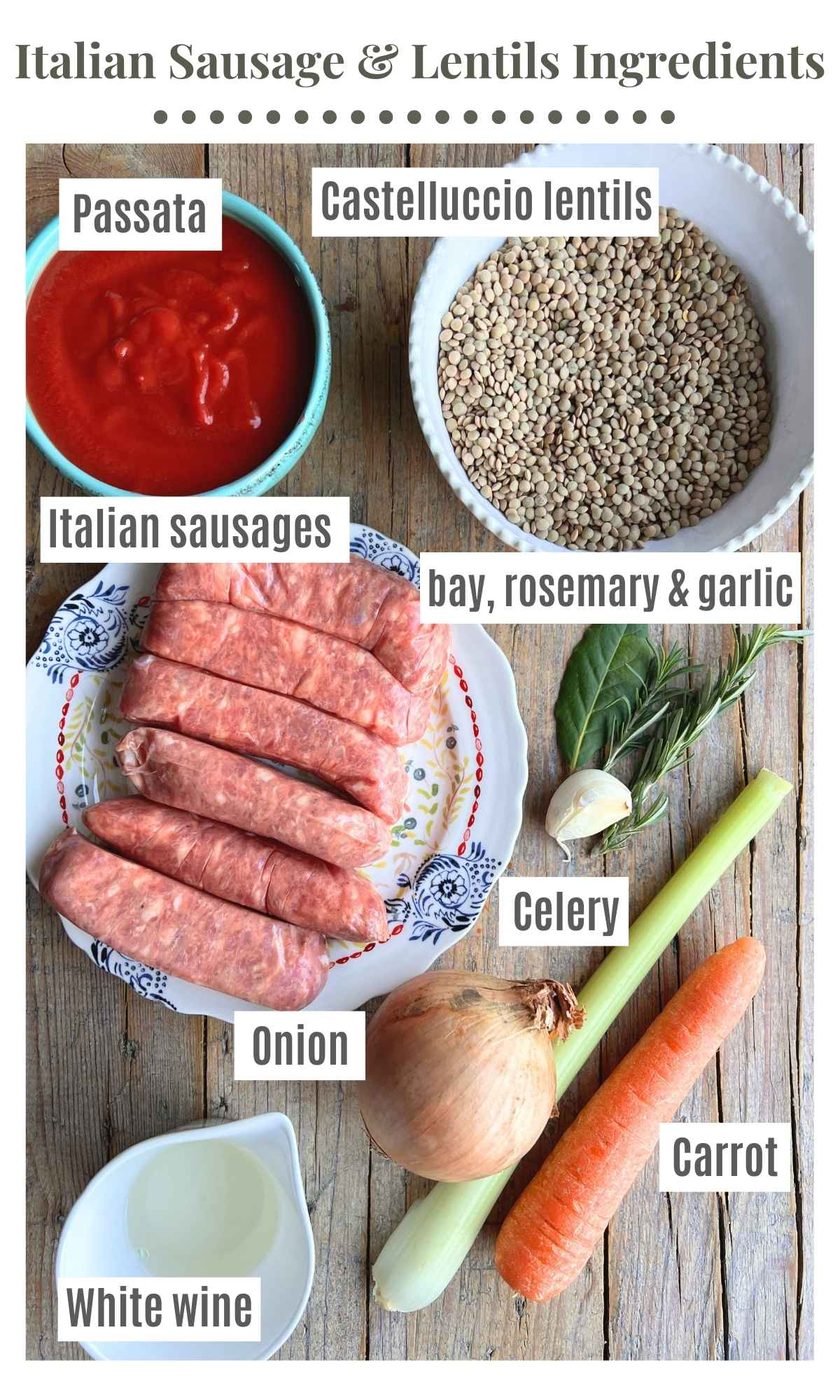 An overhead shot of all the ingredients needed to make Italian sausages and lentils.