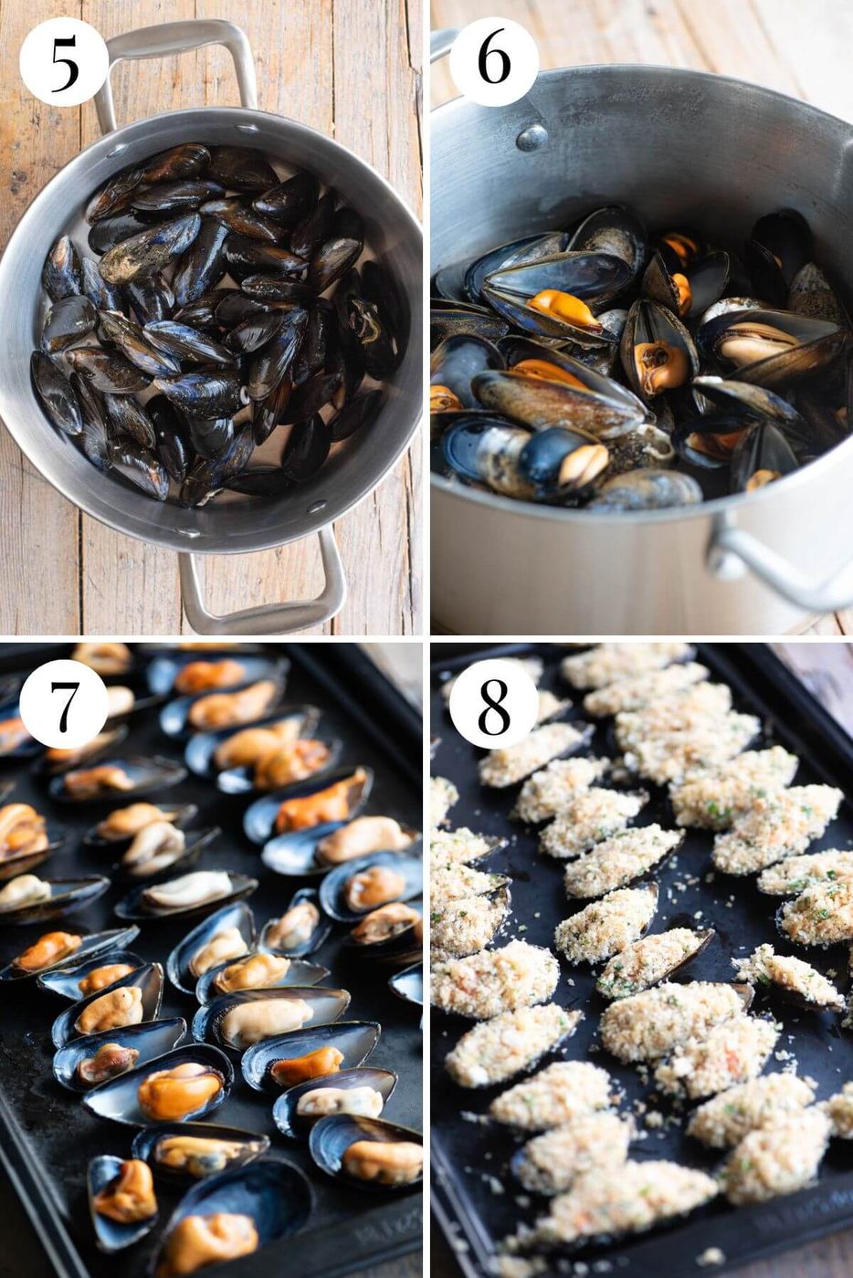 Four photos in a collage showing how to stuff mussels.