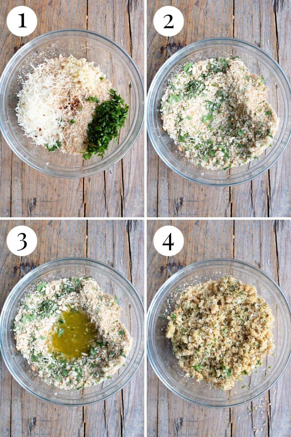 Four photos in a collage showing how to make seasoned breadcrumbs.