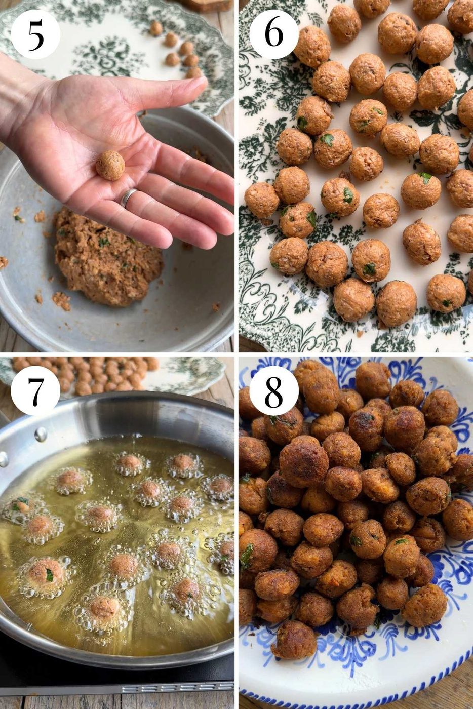 Four photos in a collage showing how to fry tiny meatballs for Neapolitan lasagna.