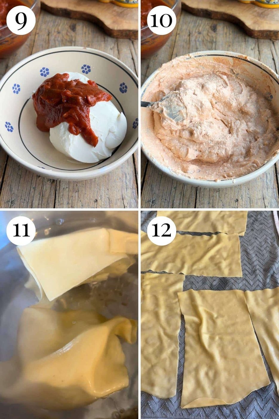 Four photos in a collage showing how to make a ricotta mixture for Lasagna di Carnevale and blanch homemade pasta.