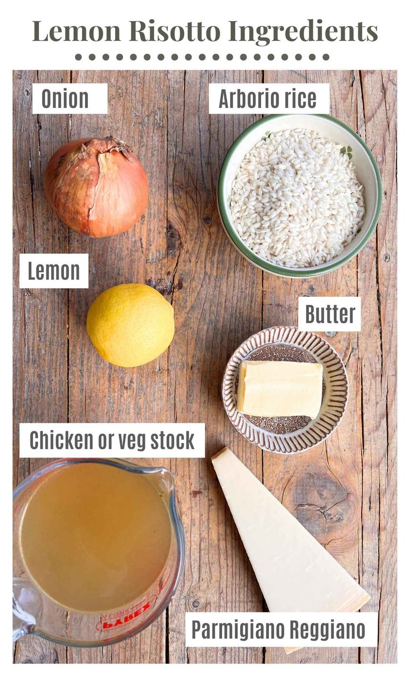 An overhead shot of all the ingredients needed to make lemon risotto.