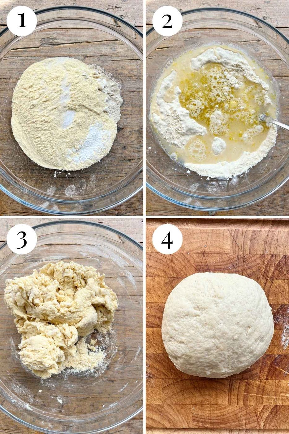 Four photos in a collage showing how to make a simple yeast-free pizza dough.