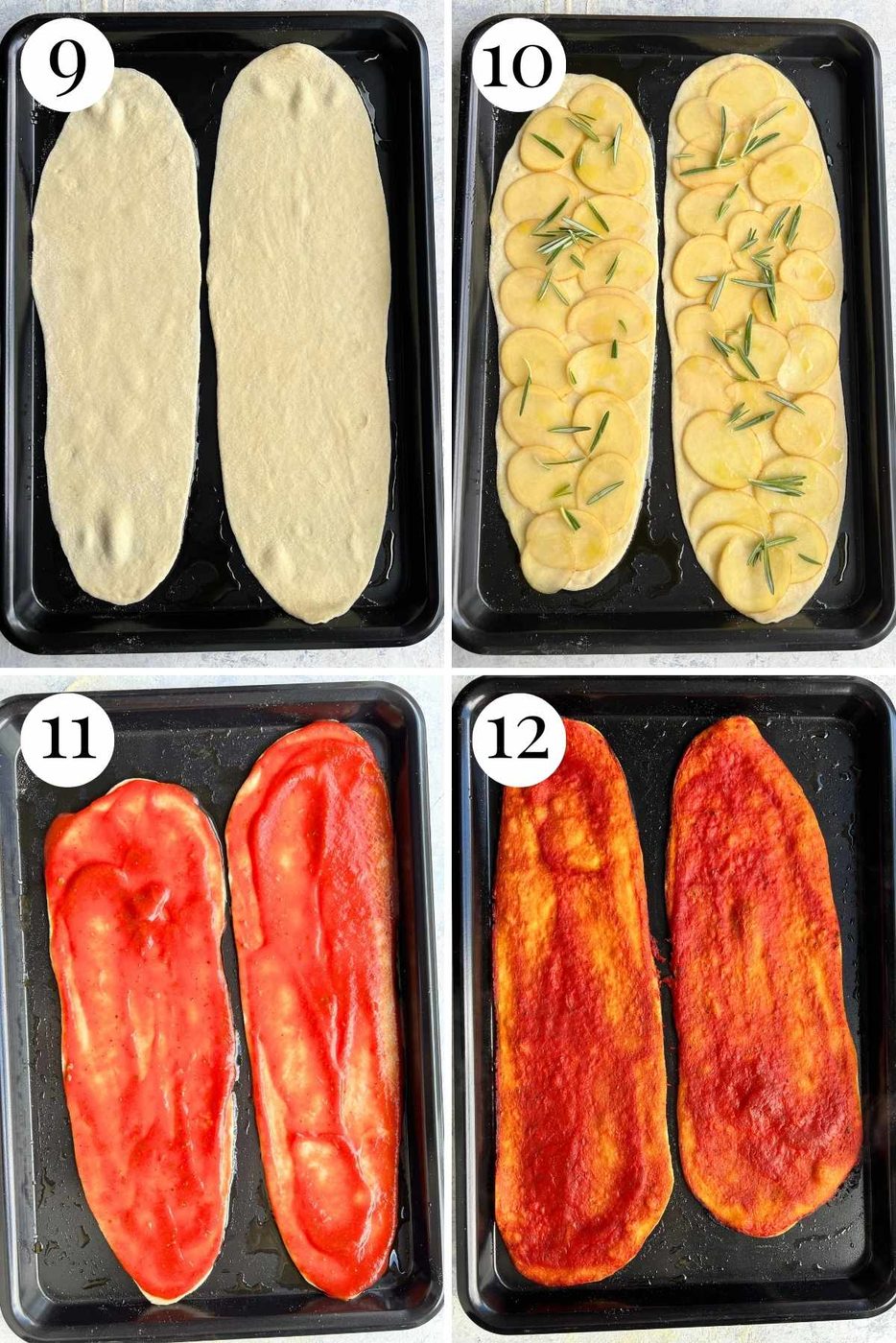 Four photos in a collage showing how to make and bake long and thin crispy pizzas.