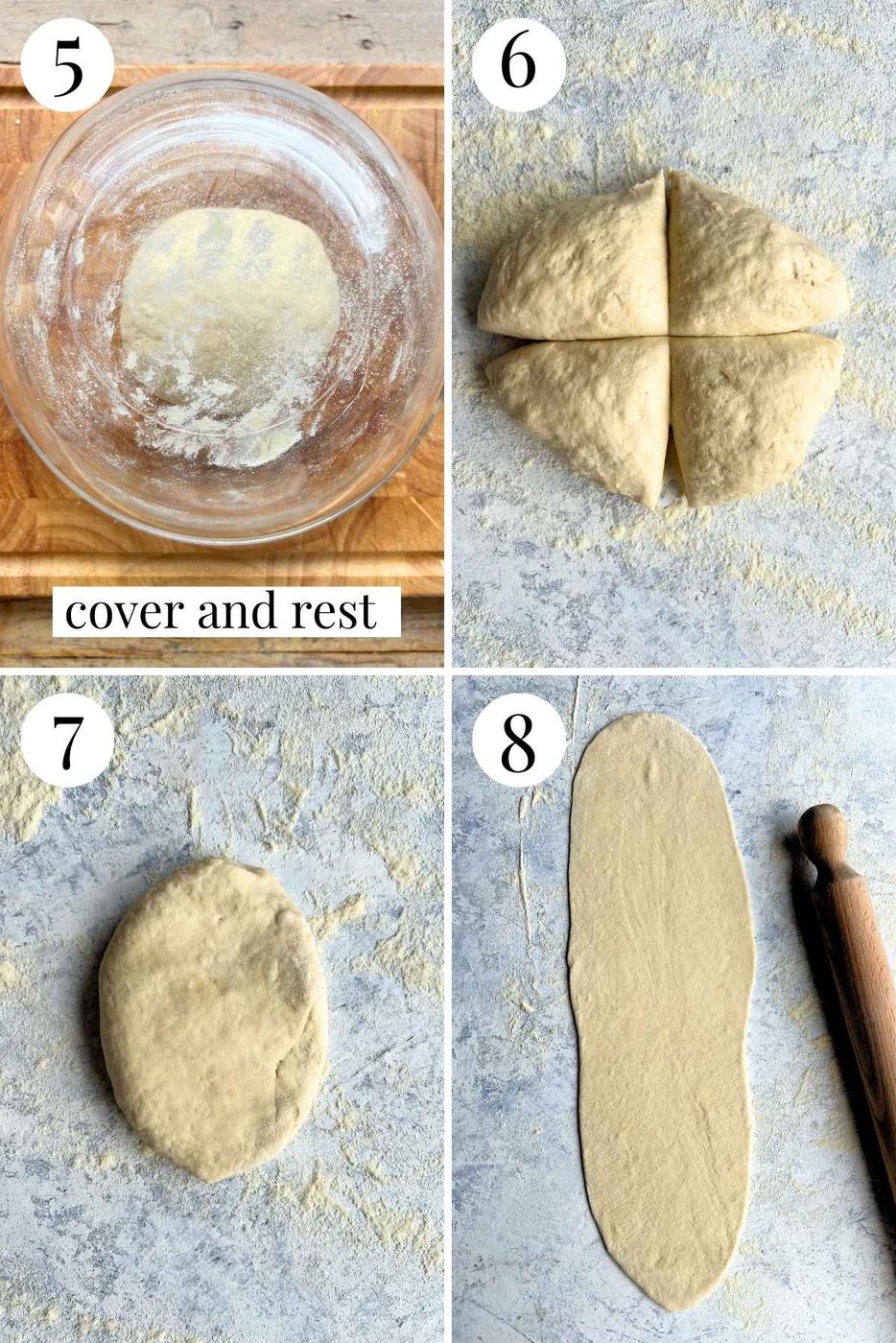 Four photos in a collage showing how to roll out lingue di pizza.