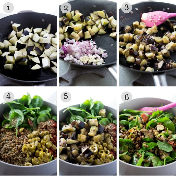Step by step photos for making a lentil salad with eggplant and burrata cheese