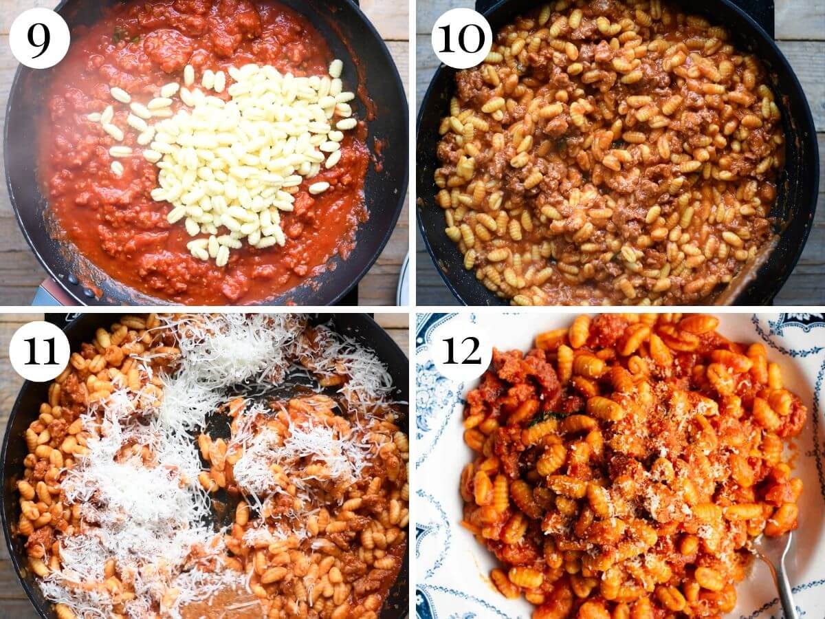 Four photos in a collage showing malloreddus pasta and pecorino getting added to the sauce.