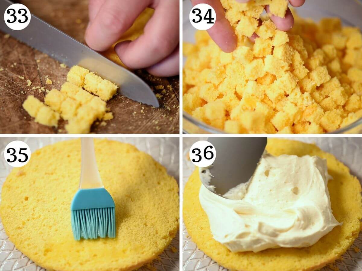 Four photos in a collage showing how to fill and assemble a mimosa cake.