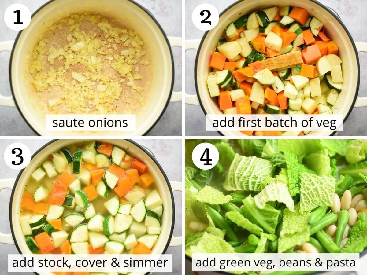 Step by step photos showing how to make minestrone soup
