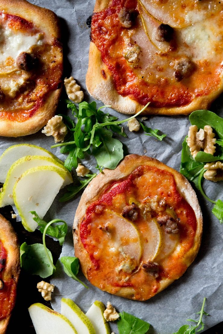 Mini Sausage Pizzas, plus Pear and Gorgonzola