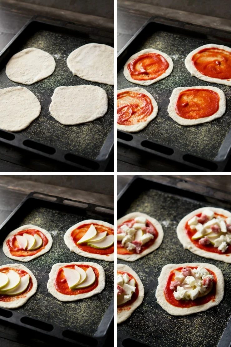 Step by step photos on how to make mini sausage pizzas