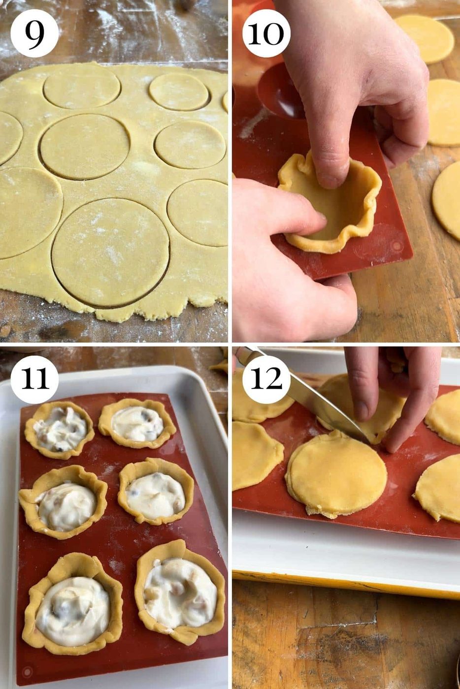 Four photos in a collage showing how to fill and assemble Sicilian pastries.