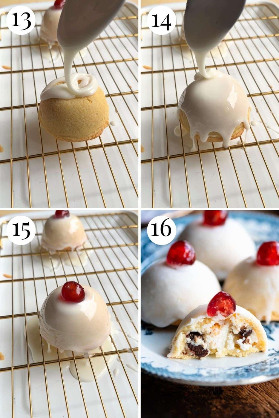 Four photos in a collage showing how to pour icing on Sicilian pastries.