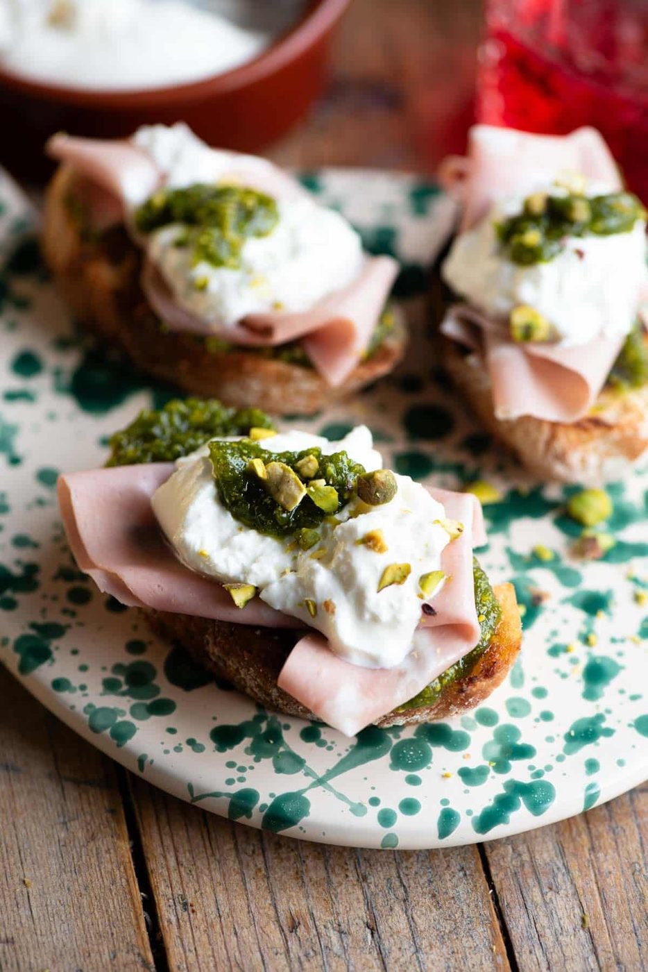 Mortadella, Pistachio and Burrata Crostini