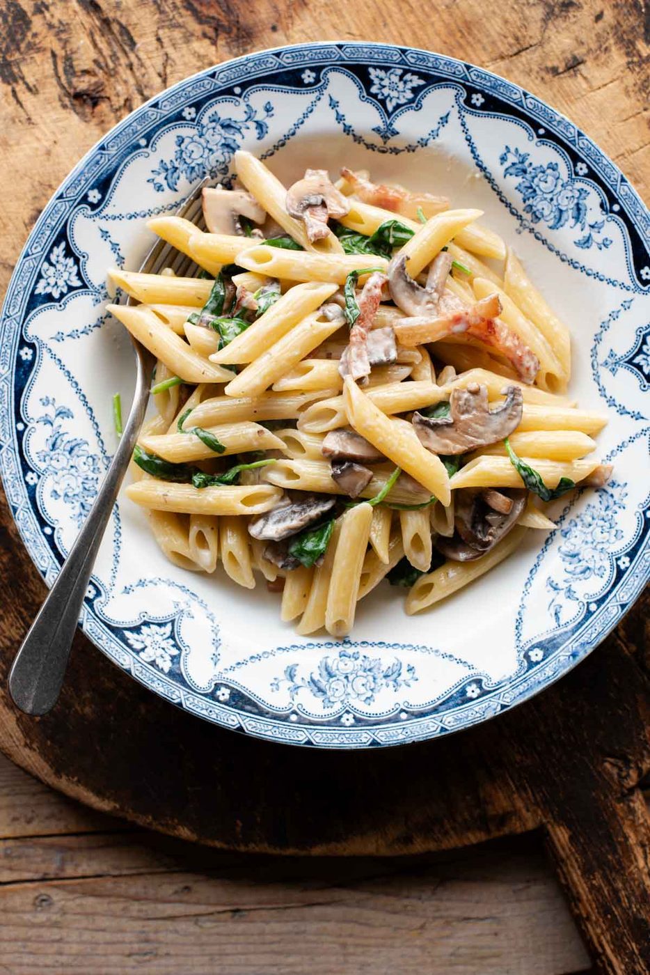 Mushroom Spinach Pasta, plus Crispy Guanciale