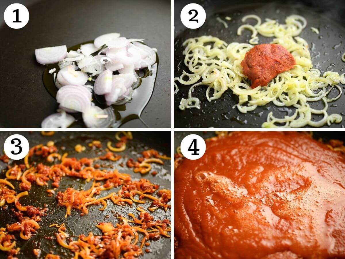 Four photos in a collage showing how to fry shallots, Nduja and tomato passata to make a sauce
