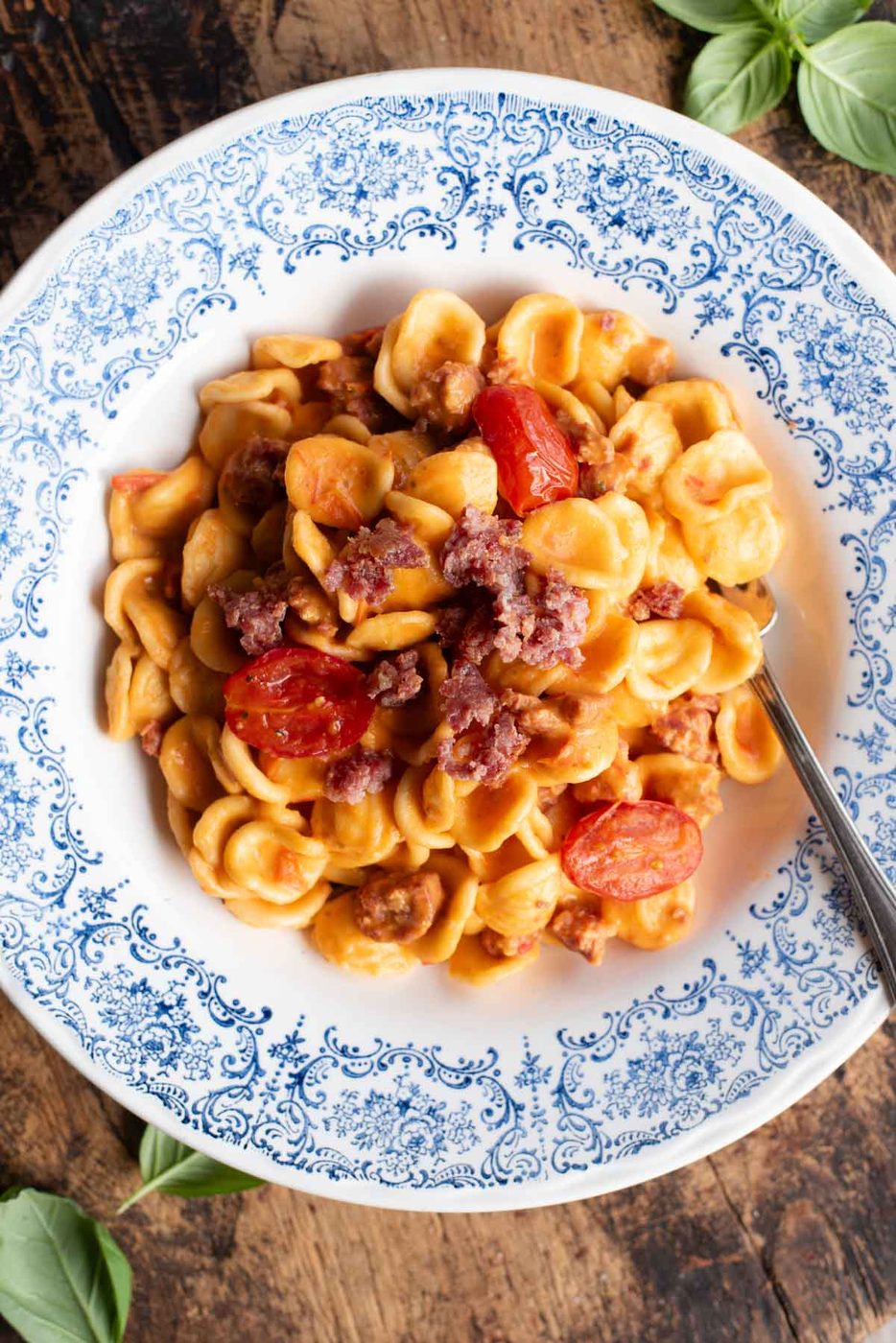Orecchiette alla Positanese, Sausage, Tomato and Burrata