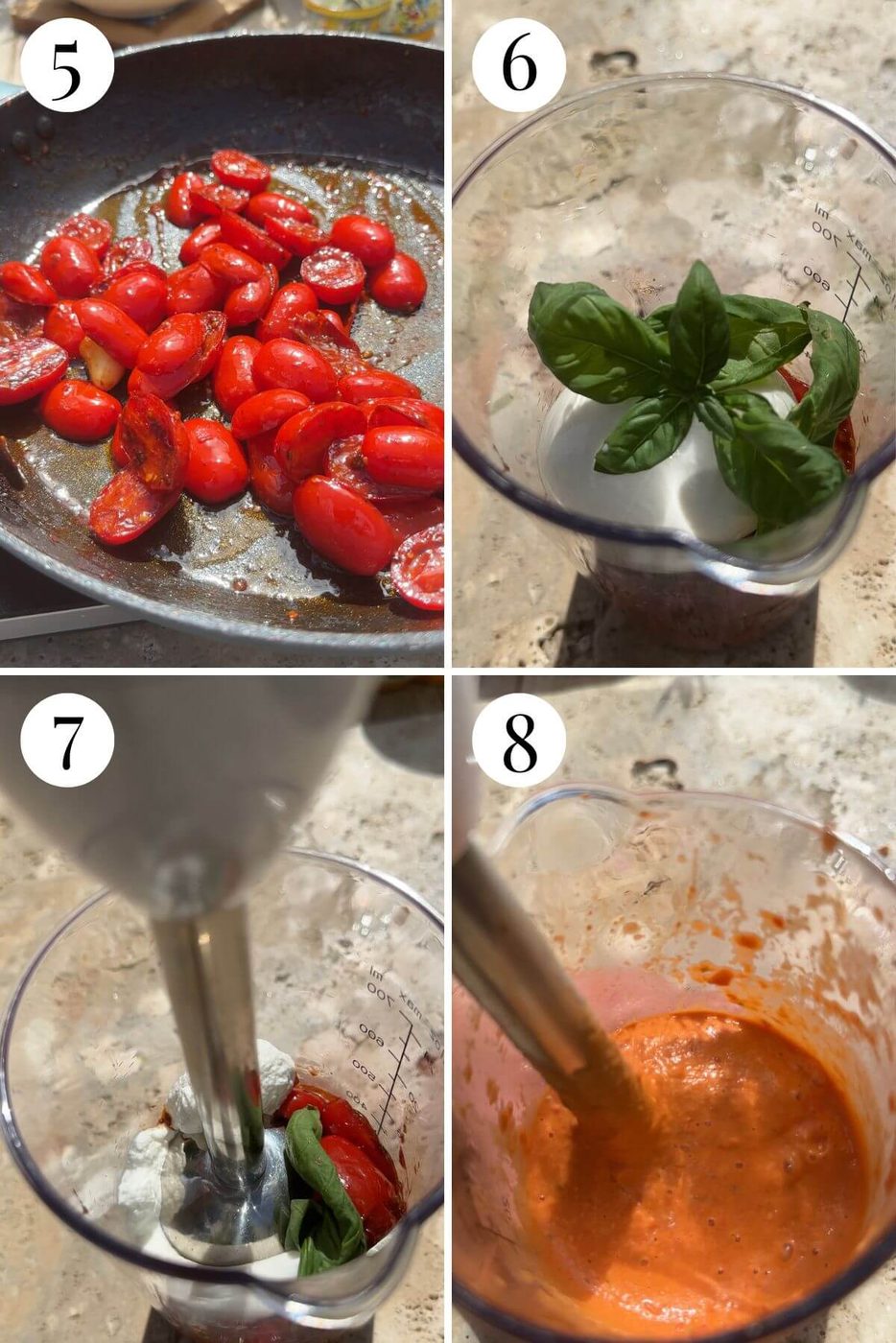 Four photos in a collage showing how to make a creamy tomato and burrata sauce.