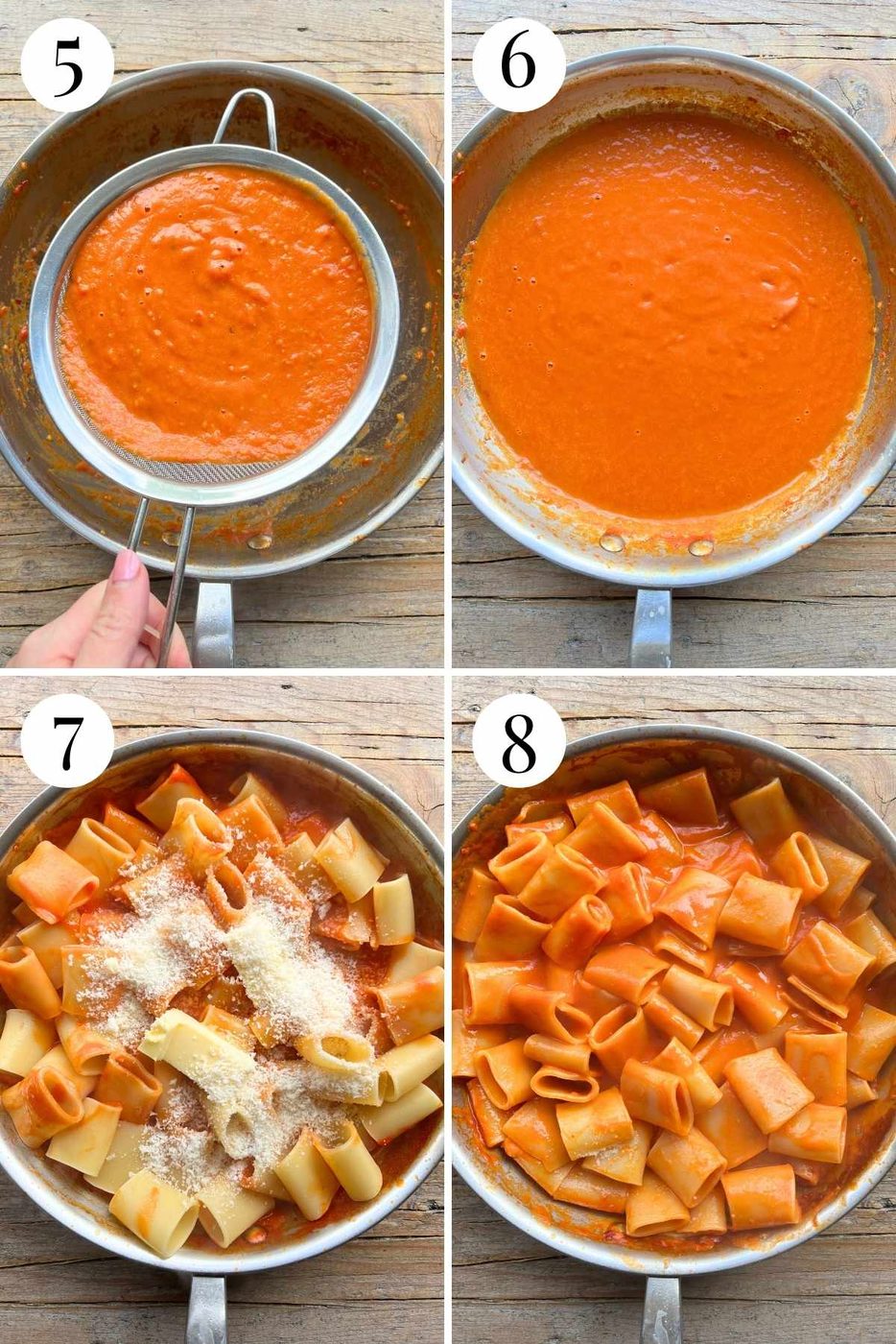 Four photos in a collage showing how to make a silky smooth tomato sauce.