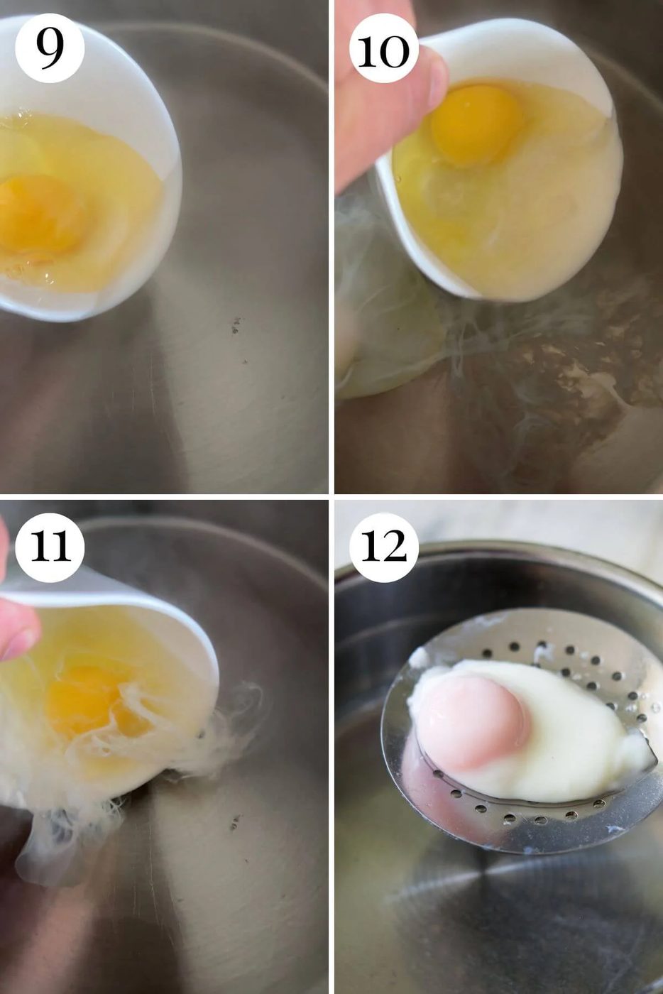 Four photos in a collage showing how to poach eggs.