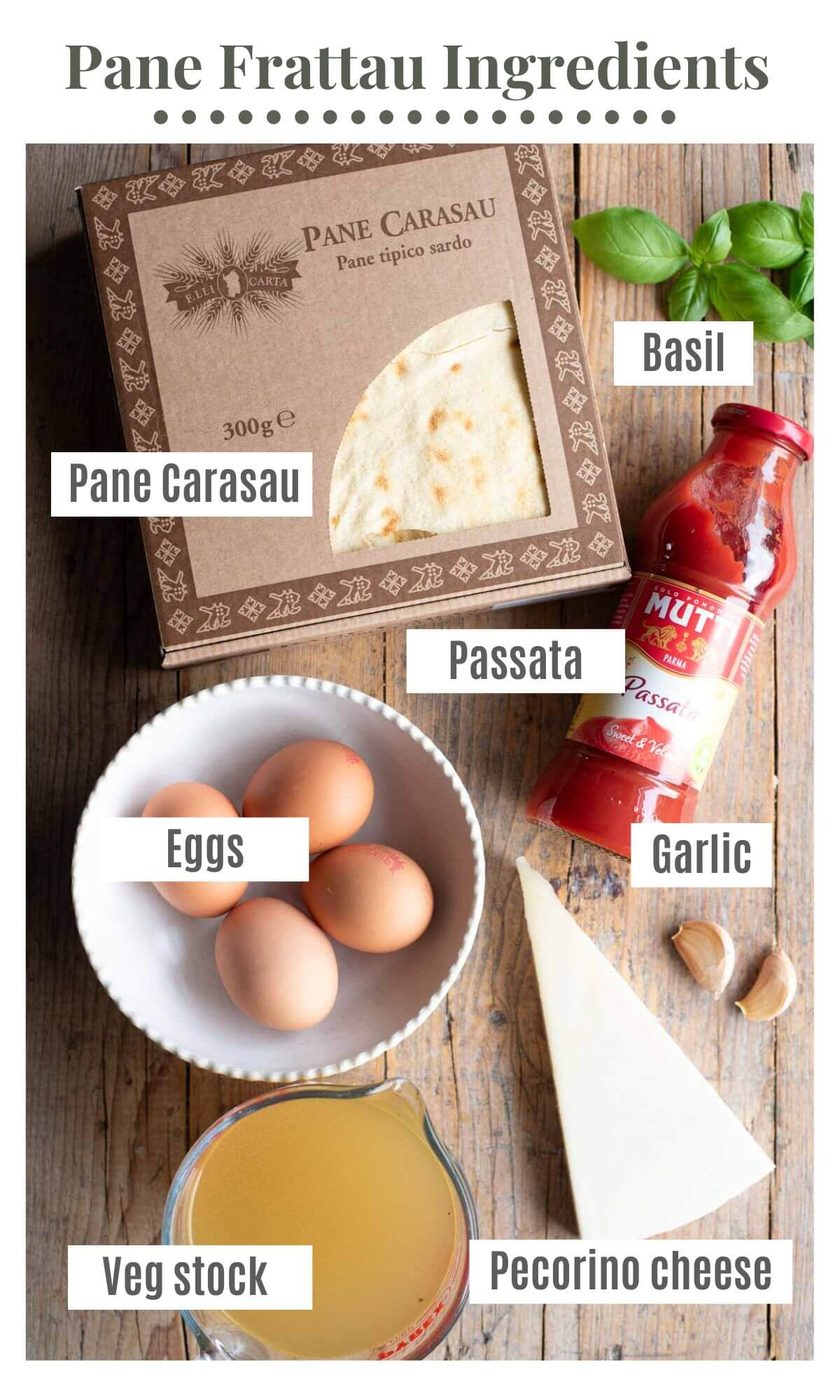 An overhead shot of all the ingredients needed to make Sardinian Pane Frattau.