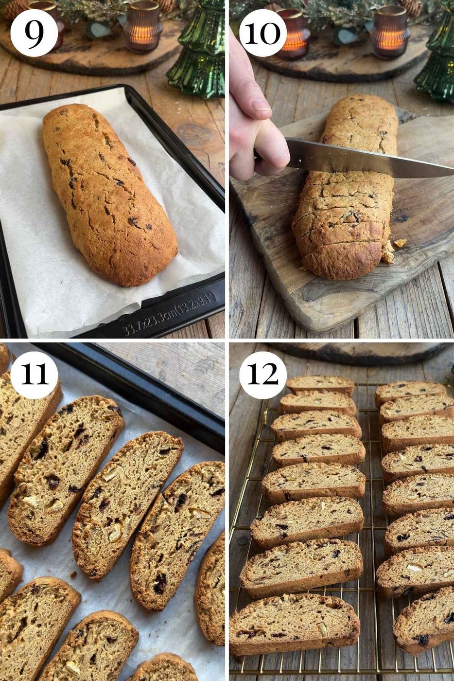 Four photos in a collage showing how to cut biscotti.