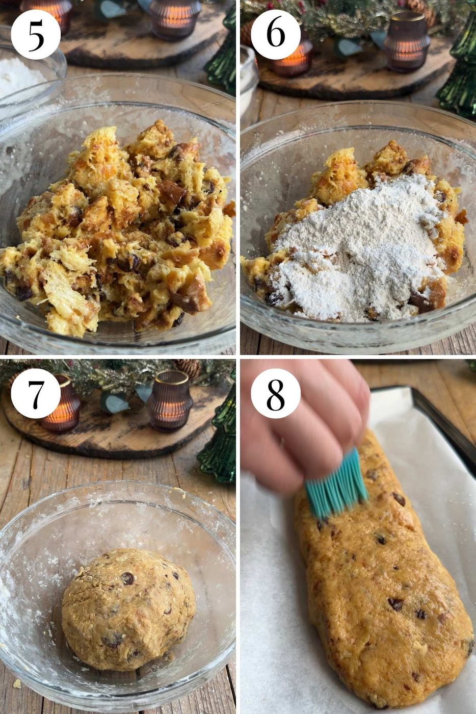 Four photos in a collage showing how to make biscotti cookie dough and shape it into a log.