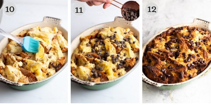 Three step by step photos for making panettone bread pudding