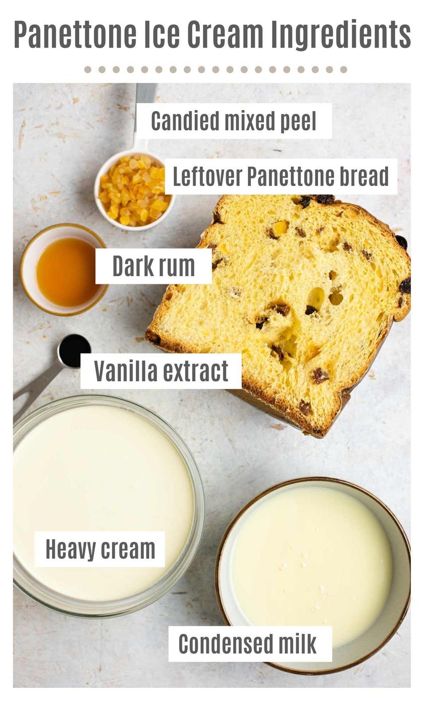 An overhead shot of all the ingredients you need to make Panettone ice cream