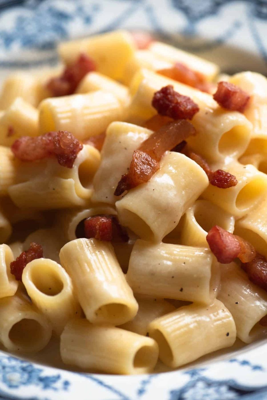 A close up of cheesy Pasta alla Gricia with crispy guanciale on top.