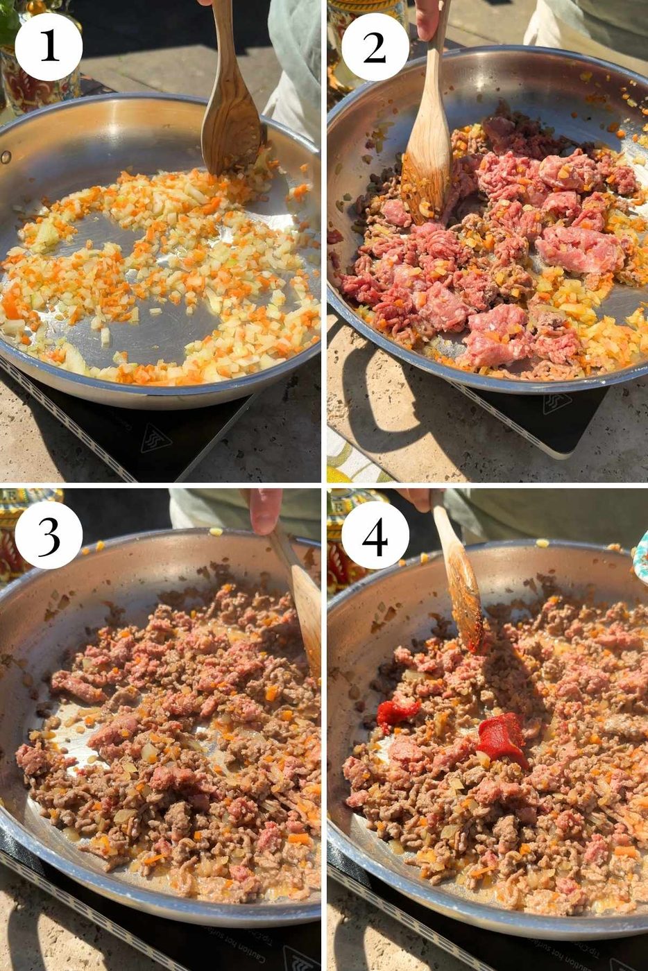 Four photos in a collage showing how to saute vegetables and sausages and beef in a pan with tomato paste and wine.