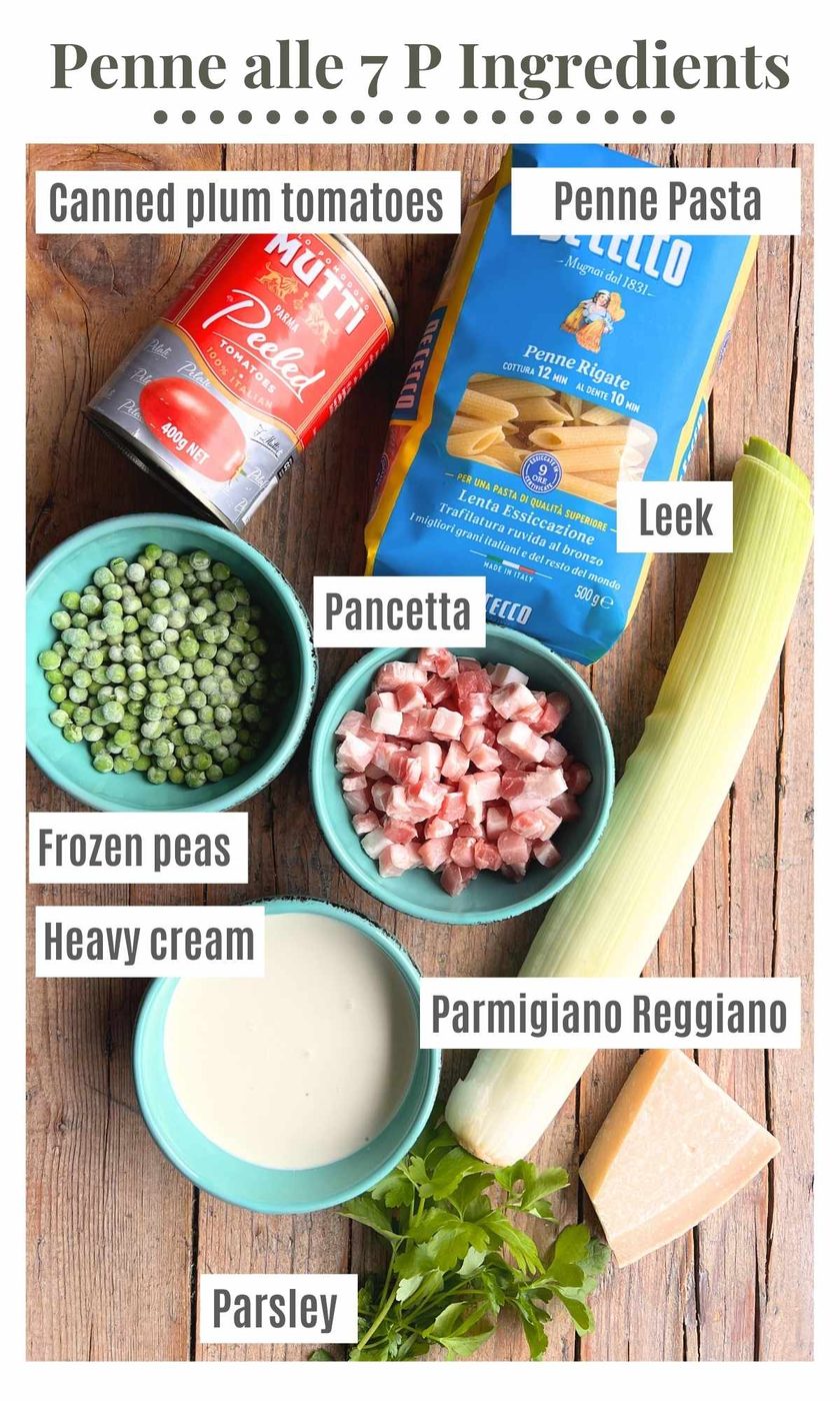 An overhead shot of all the ingredients needed to make a creamy tomato Tuscan pasta called 'Penne alle sette P'.