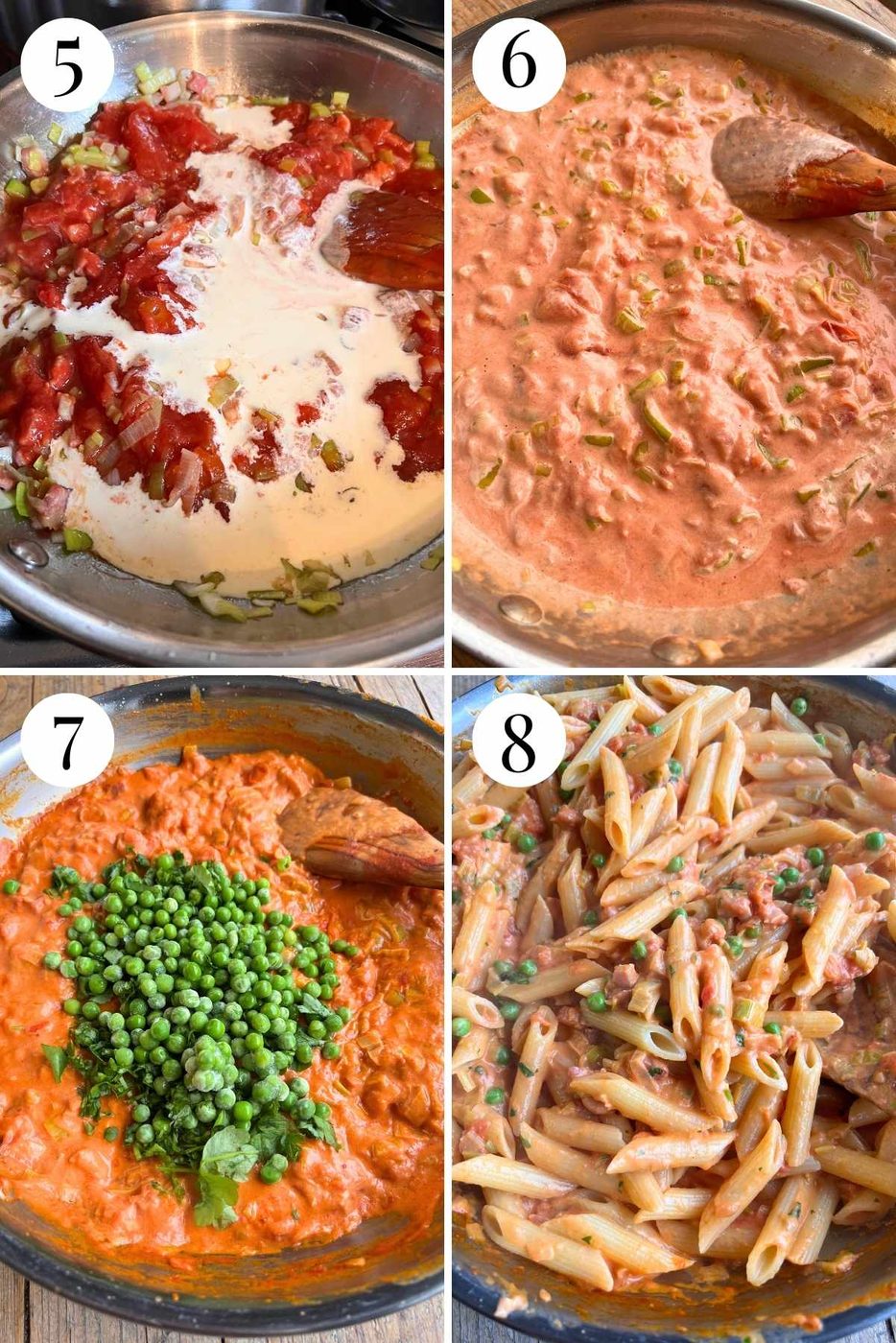 Four photos in a collage showing how to make a creamy tomato pasta sauce with creamy, peas and parsley.