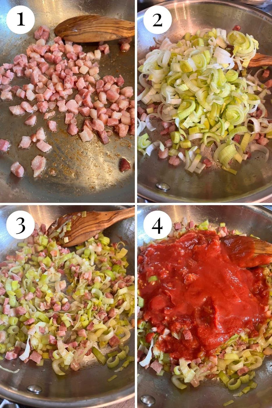 Four photos in a collage showing how to fry pancetta, leeks and tomatoes together.