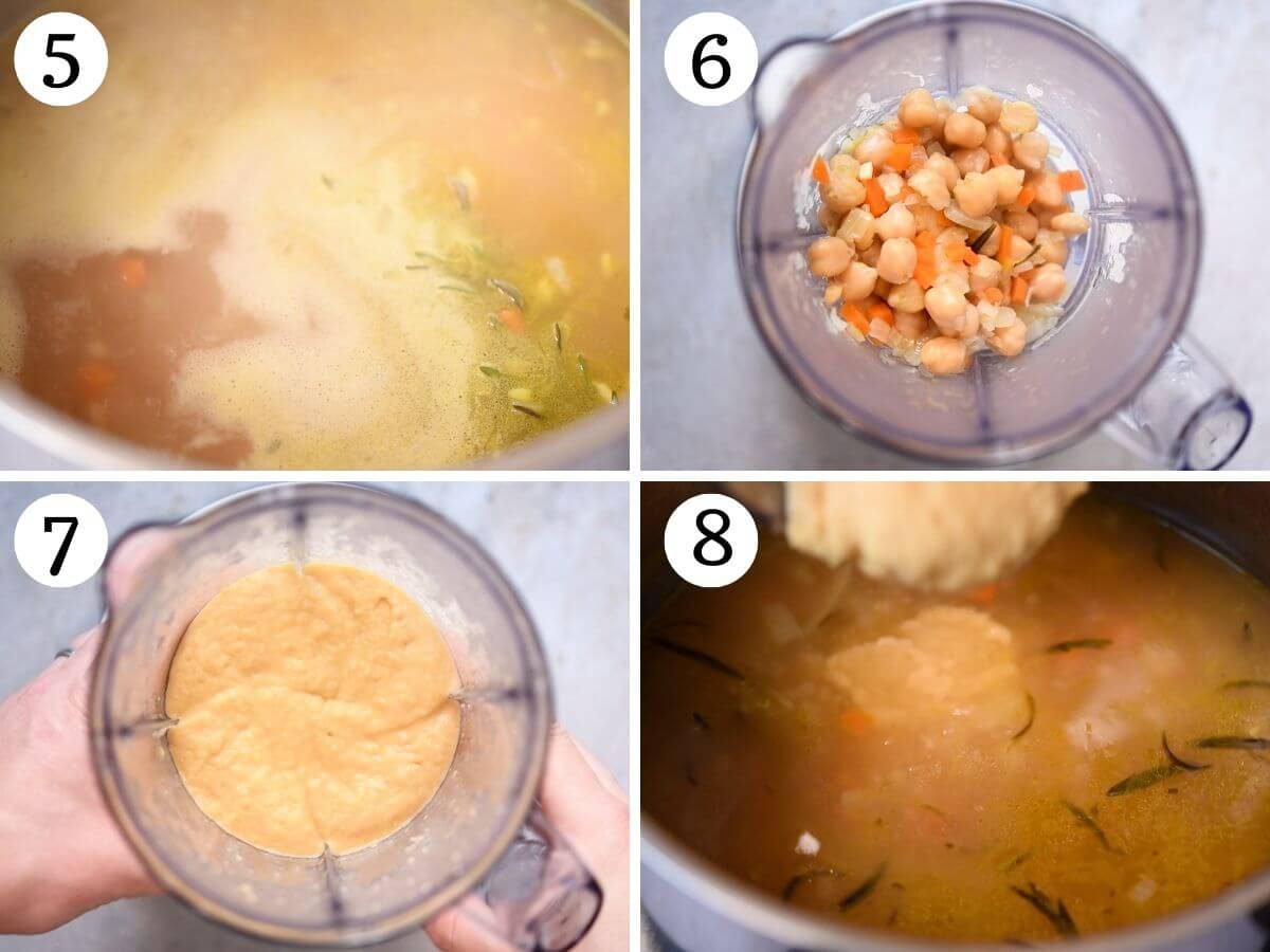 Four photos in a collage showing how to blitz chickpeas into a puree to add to pasta e ceci soup.