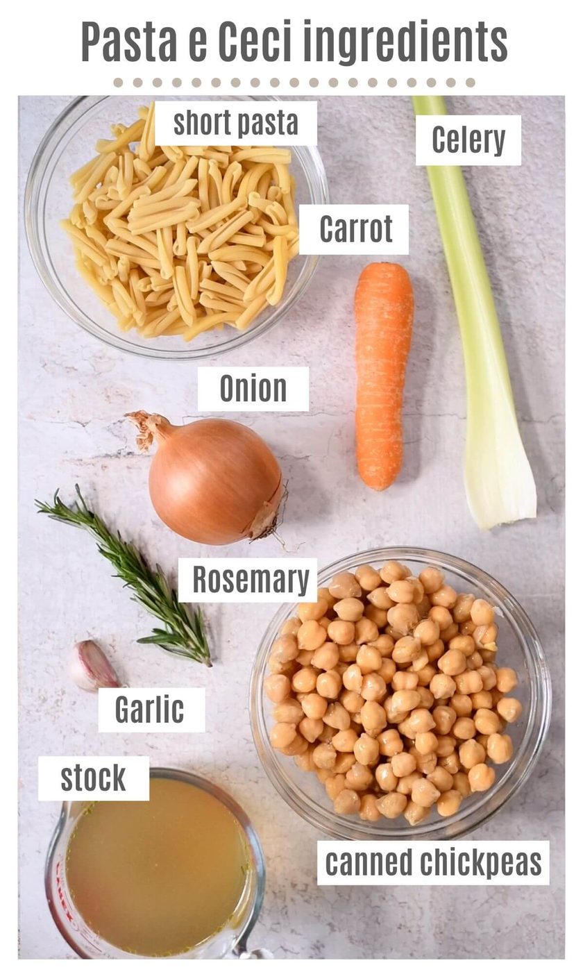 An overhead shot of all the ingredients needed to make Pasta e Ceci, Pasta, plus Chickpeas.