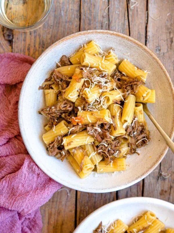 Genovese sauce with pasta in a bowl