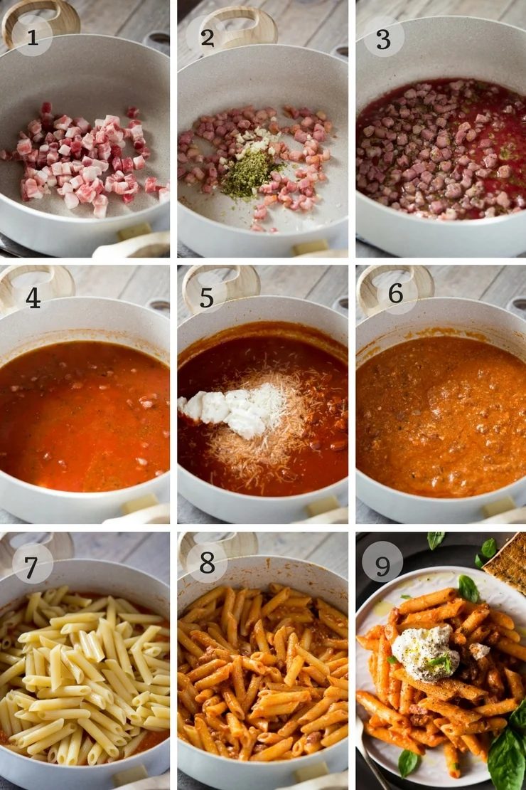 step by step photos for making pasta with pancetta, ricotta and tomato