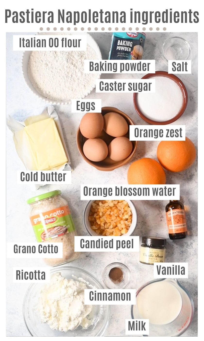 An overhead shot of all the ingredients needed to make Pastiera Napoletana.