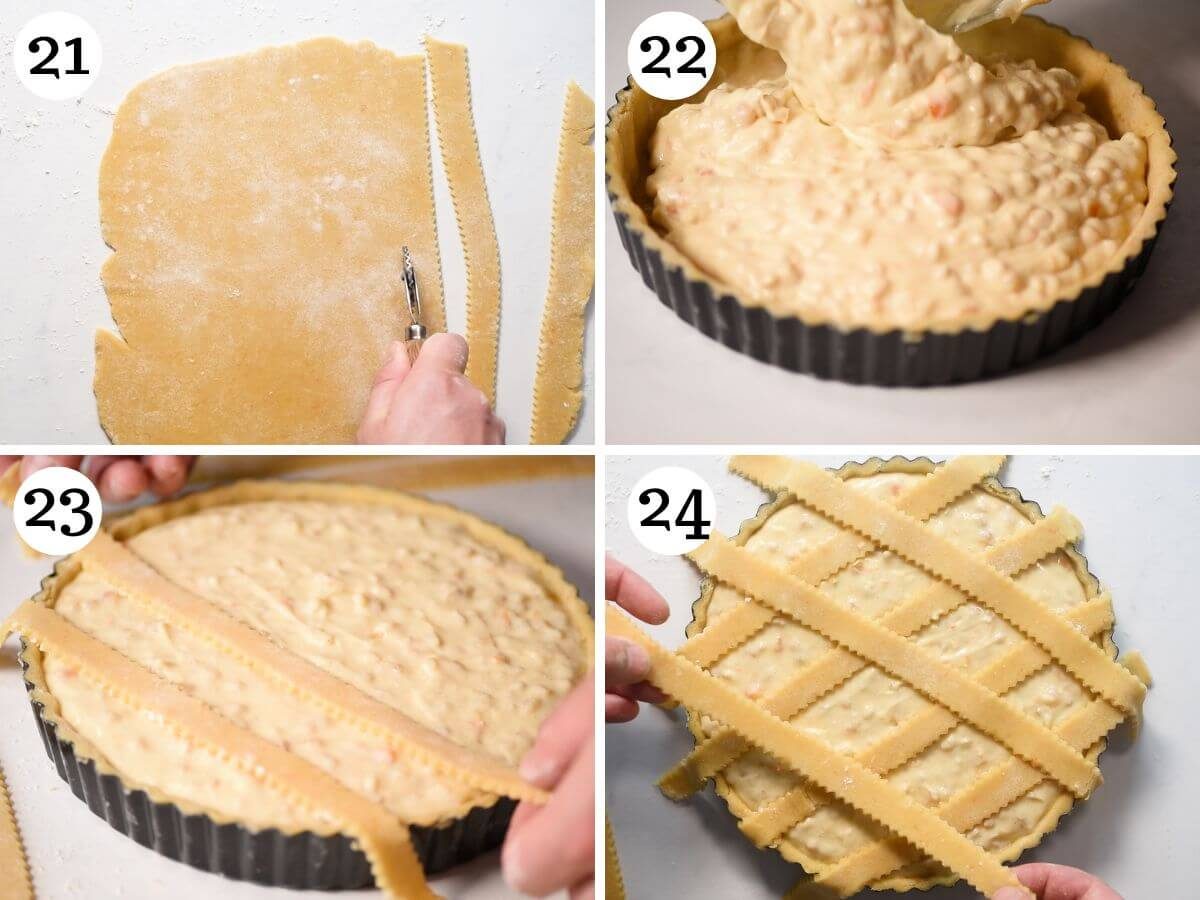 Four photos in a collage showing how to fill and assemble Pastiera Napoletana.