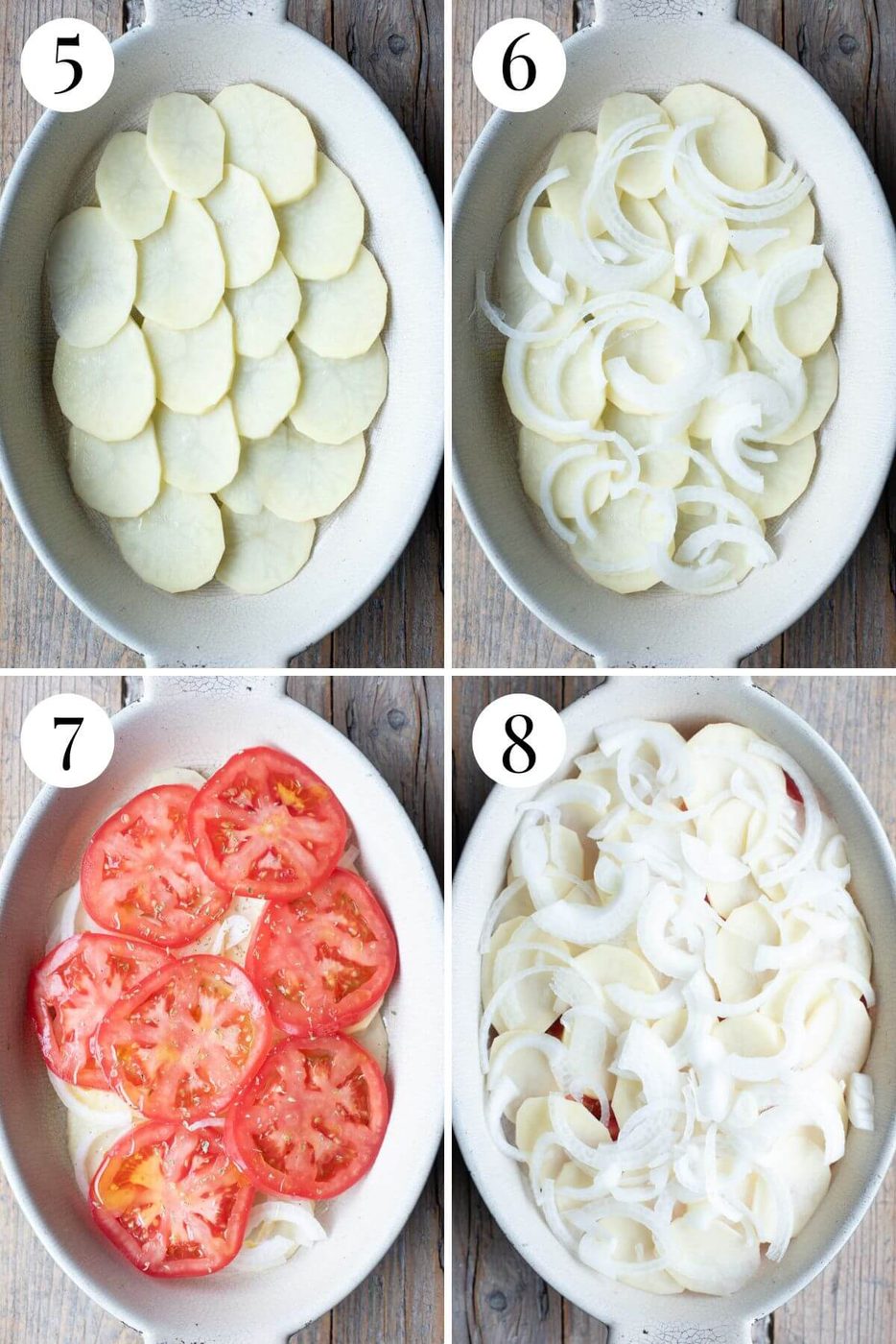 Four photos in a collage showing how to layer an Italian potato gratin.