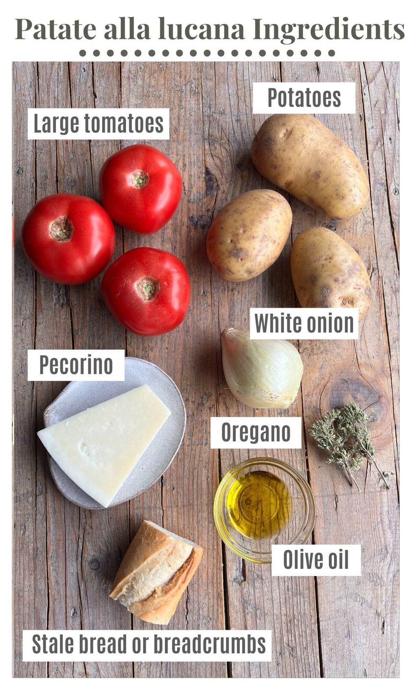 An overhead shot of all the ingredients needed to make Patate alla Lucana, Italian Potato Gratin.