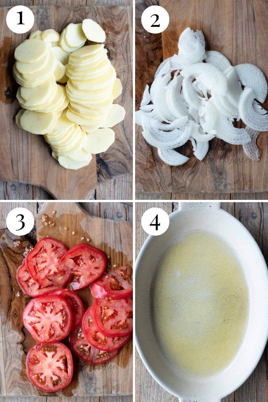 Four photos in a collage showing how to prepare the vegetables for making Patate alla Lucana.